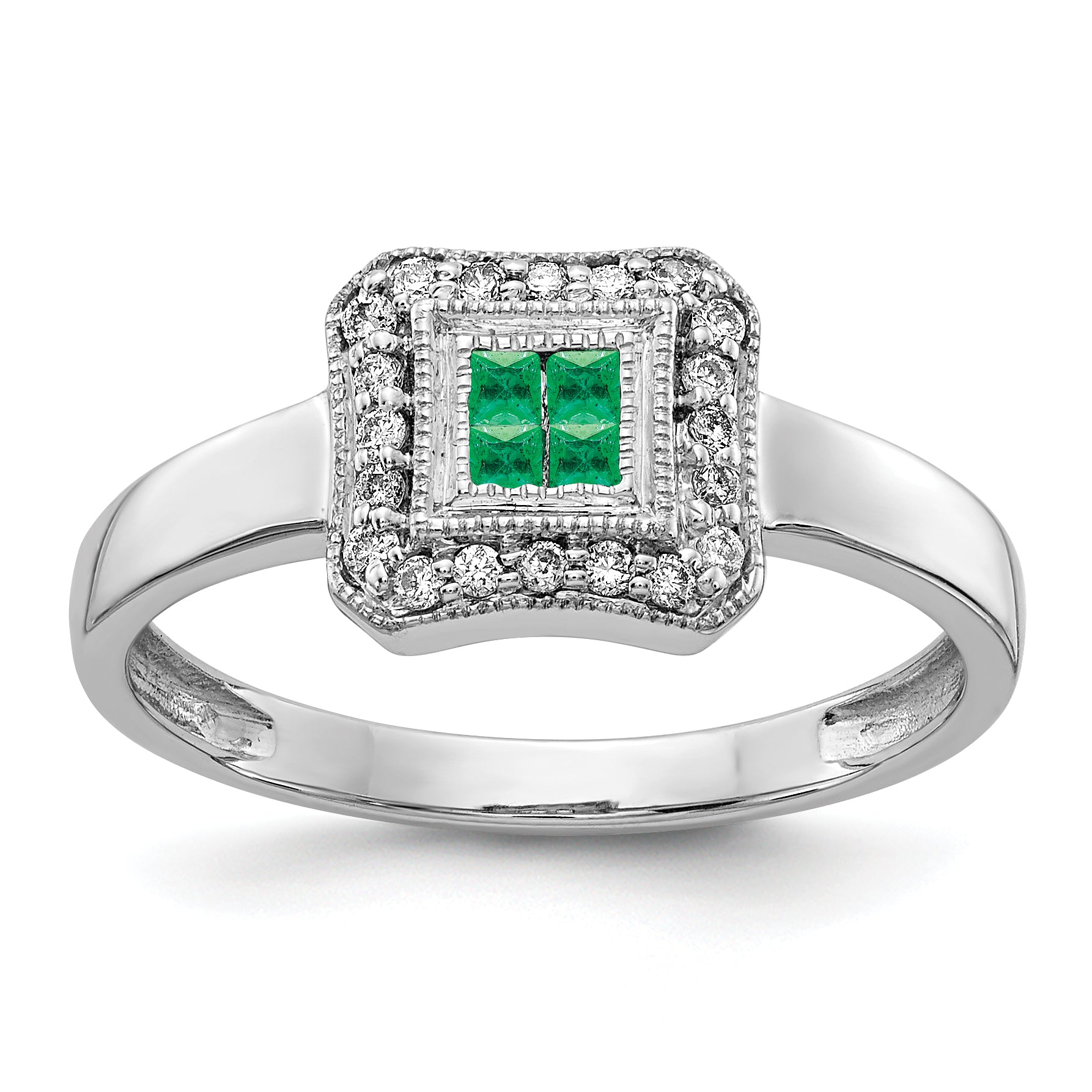 14k White Gold Square Design Emerald and Diamond Ring Main image