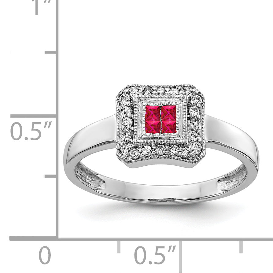 14k White Gold Square Design Ruby and Diamond Ring