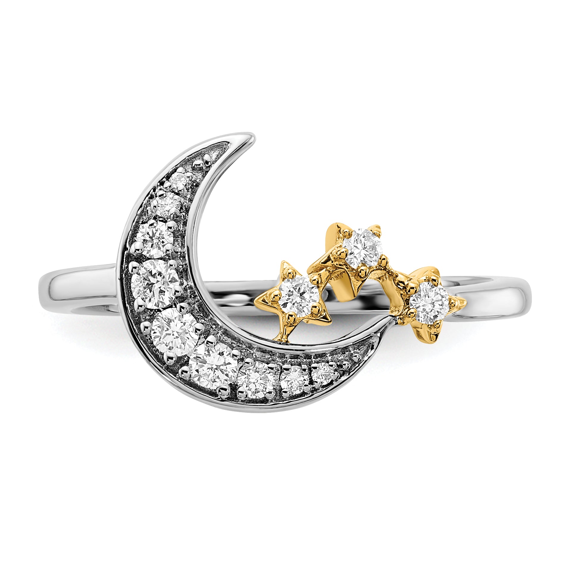 14k Two-tone Diamond Moon With3-Stars Ring - 7