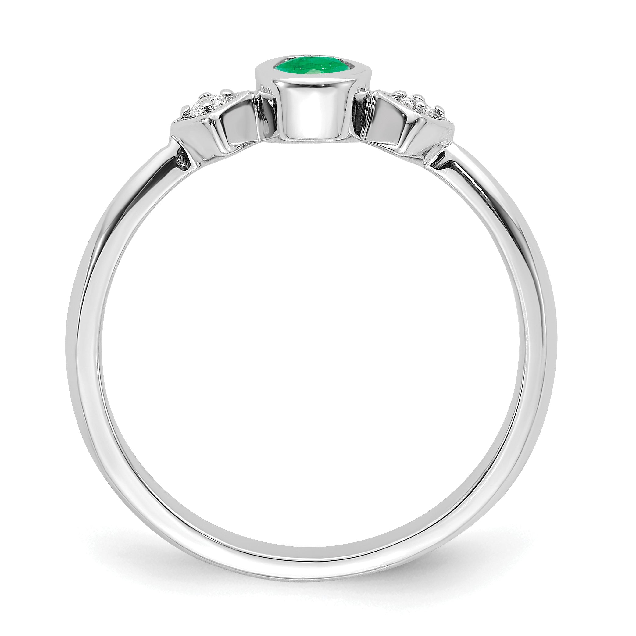 14k White Gold Oval Bezel Emerald and Diamond Ring - 7