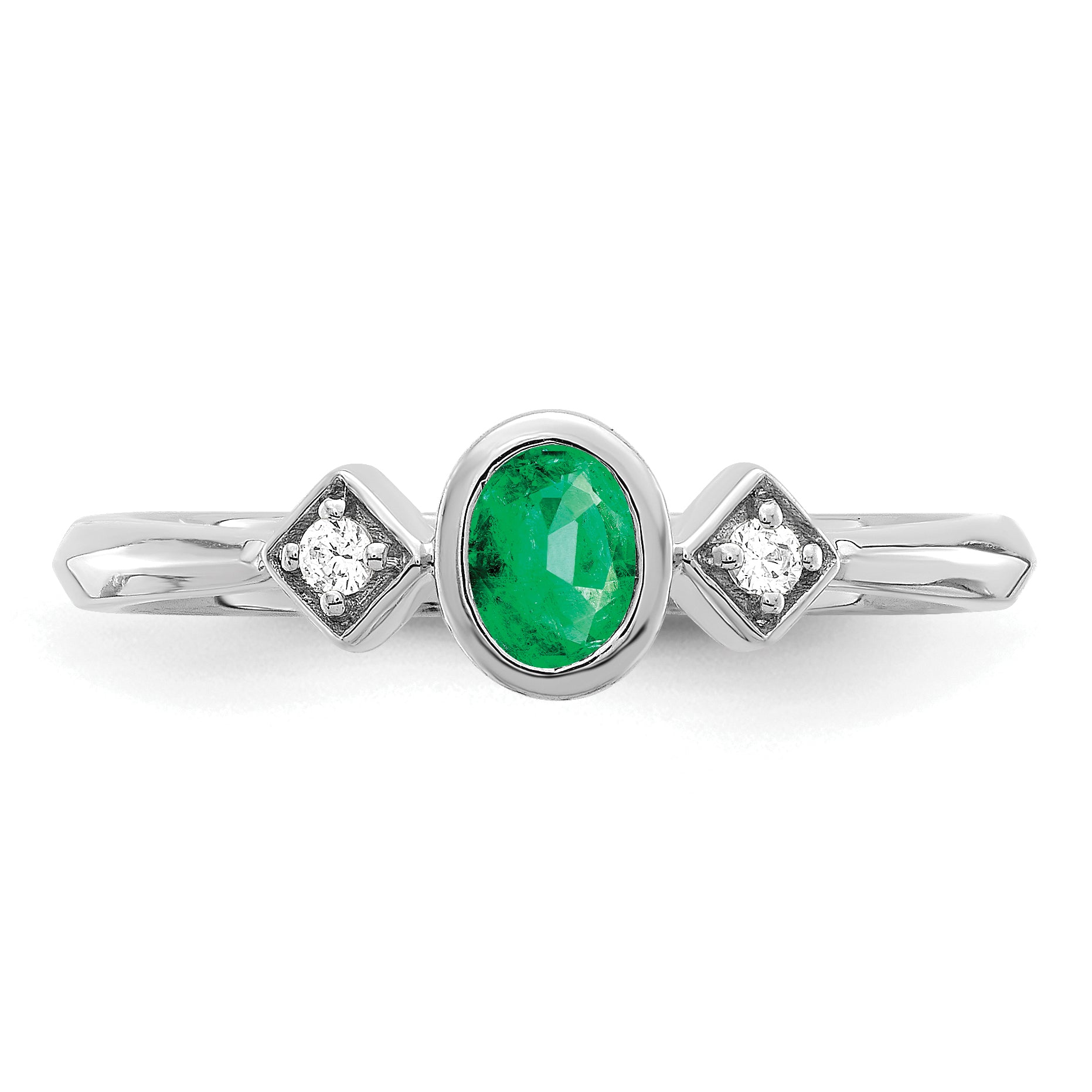 14k White Gold Oval Bezel Emerald and Diamond Ring - 7
