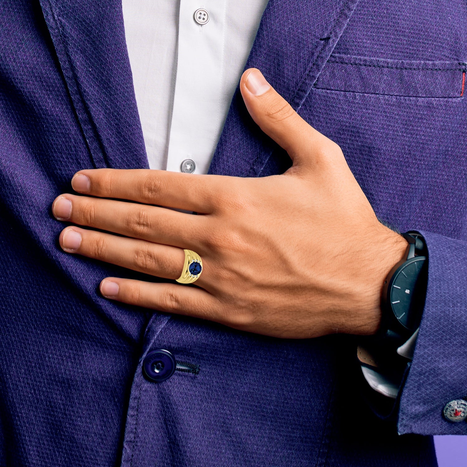 10K Created Sapphire and Diamond Mens Ring