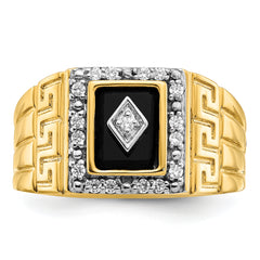 14K Lab Grown Diamond and Onyx Greek Key Design Men's Ring