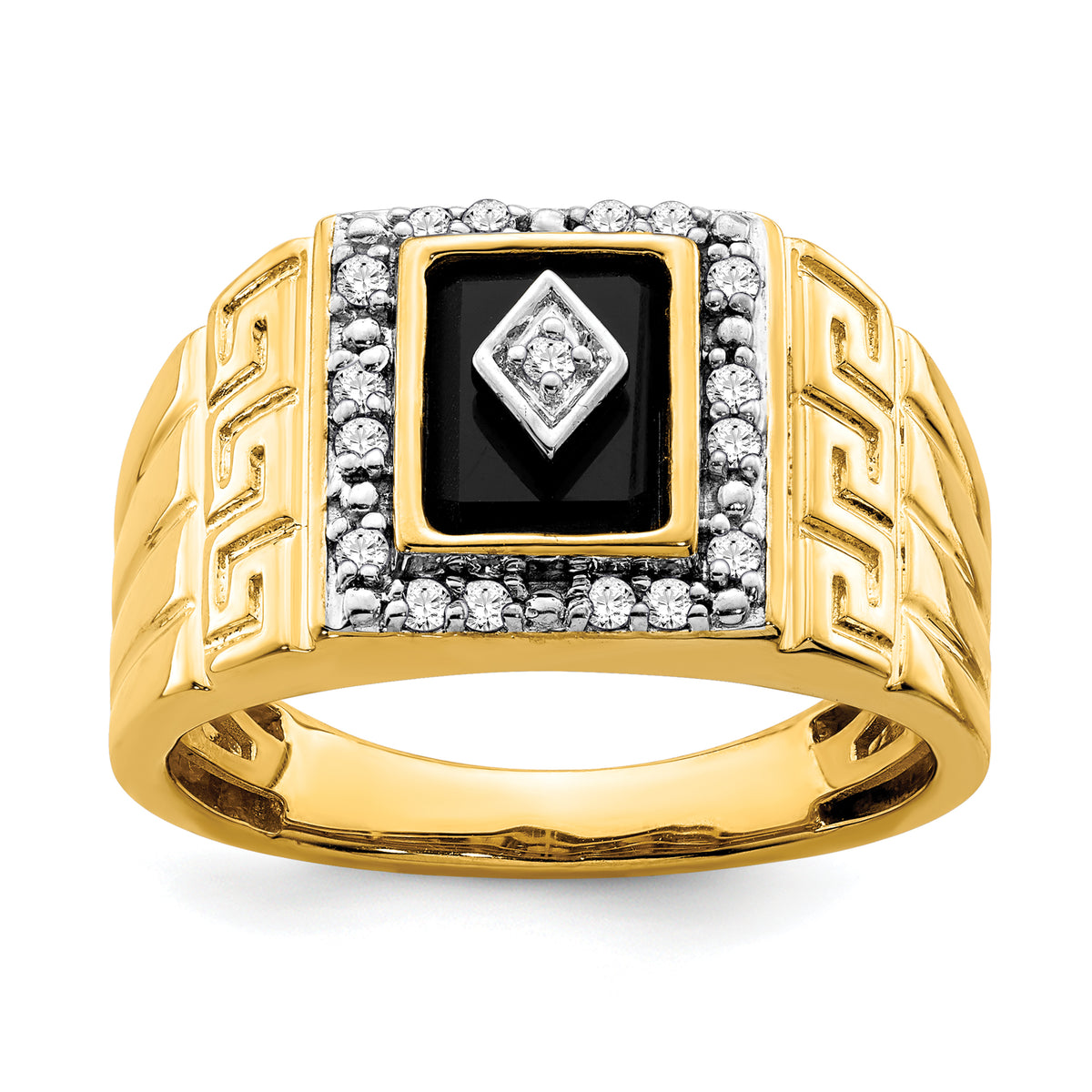 14K Lab Grown Diamond and Onyx Greek Key Design Men's Ring