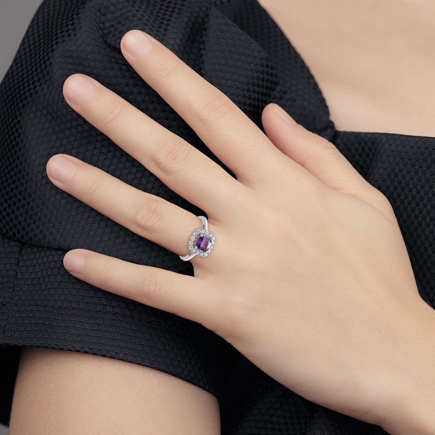 14K White Gold Lab Grown Diamond and Amethyst Halo Ring