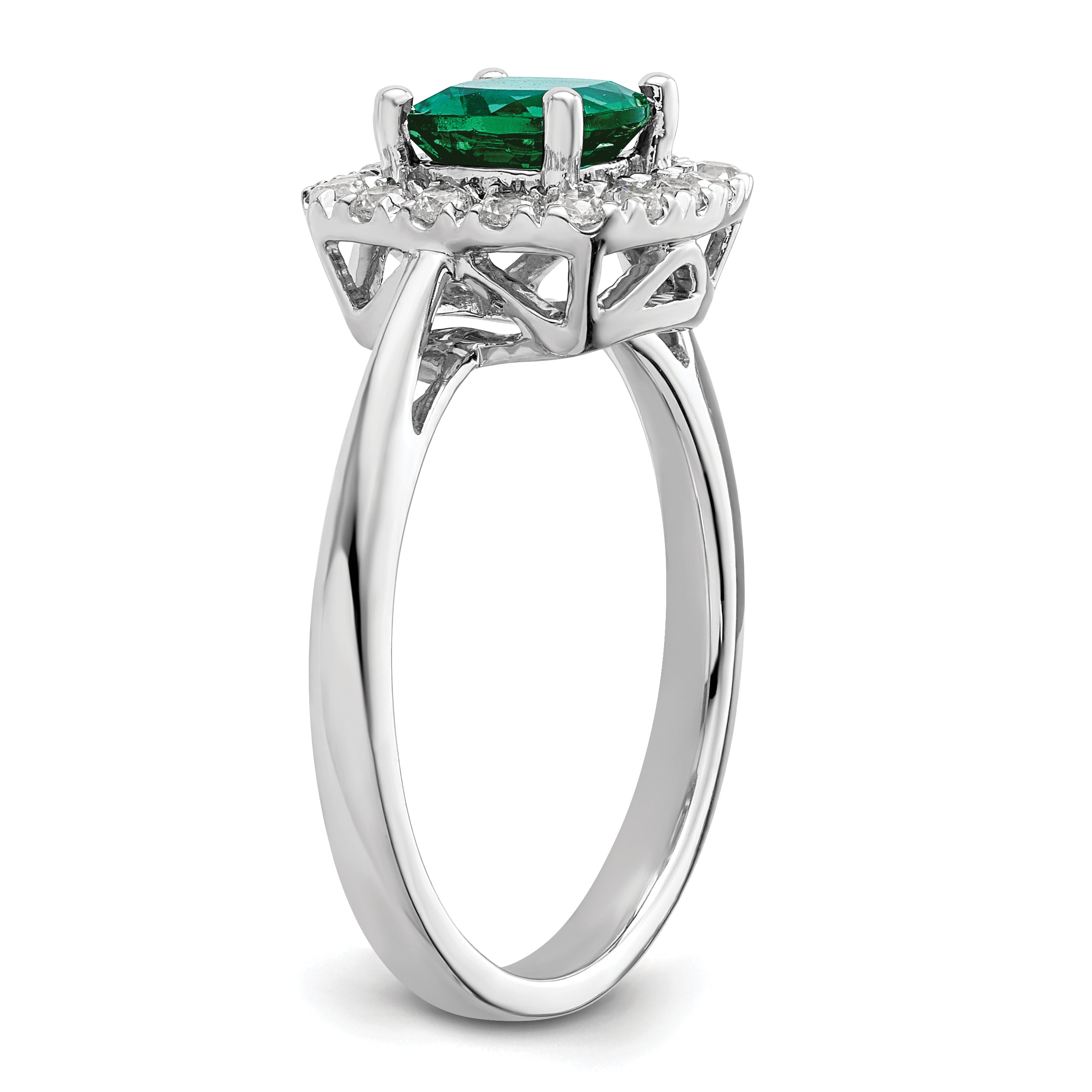 14K White Gold Lab Grown Diamond and Created Emerald Halo Ring