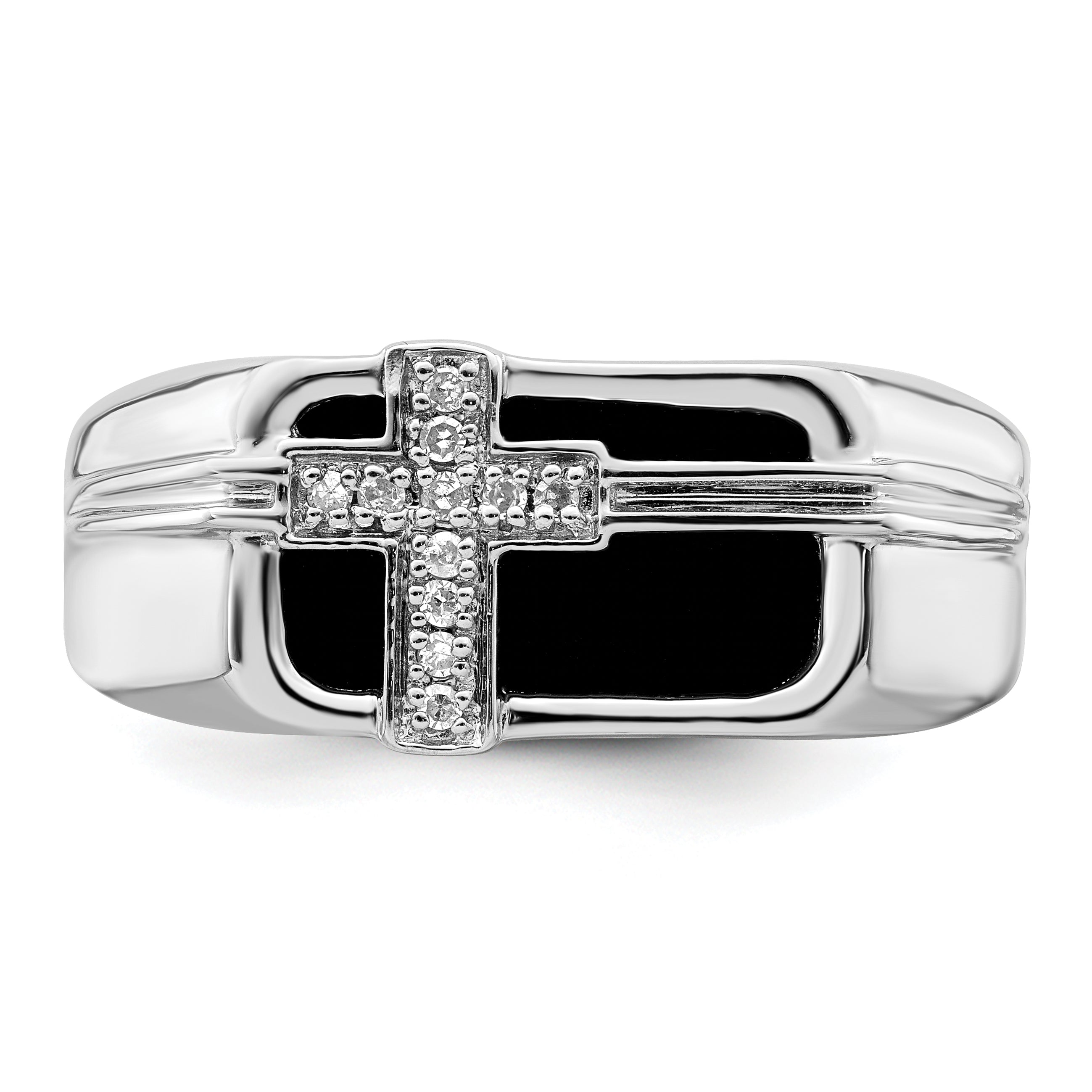 14K White Gold Lab Grown Diamond Black Onyx Cross Men's Ring