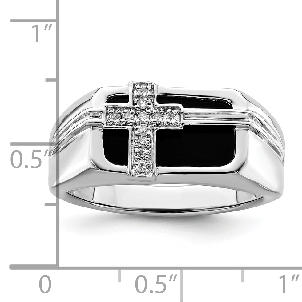 14K White Gold Lab Grown Diamond Black Onyx Cross Men's Ring