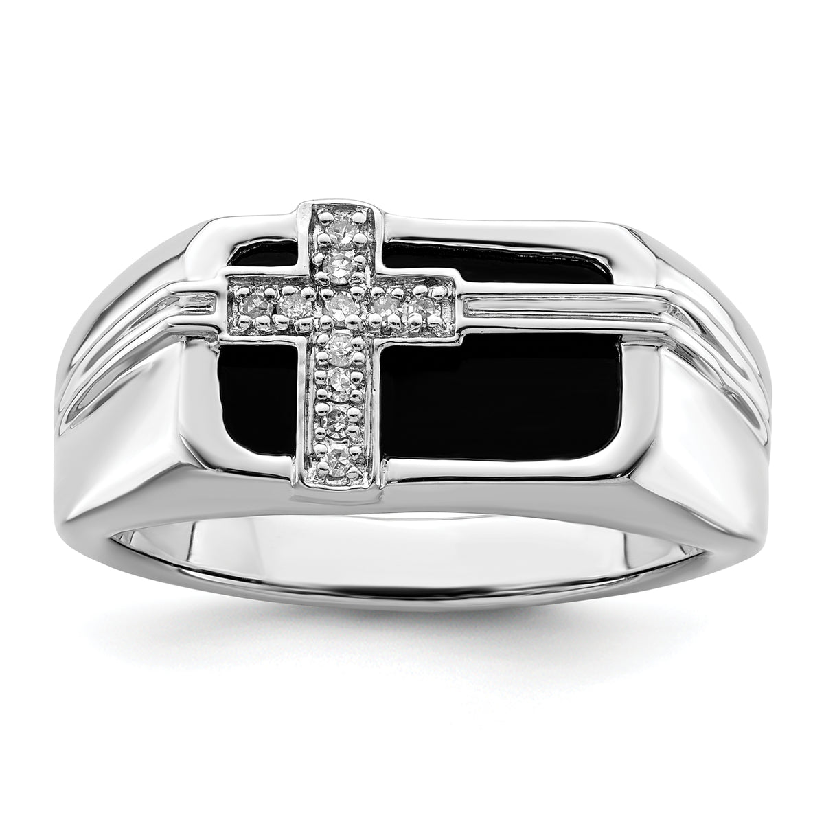 14K White Gold Lab Grown Diamond Black Onyx Cross Men's Ring