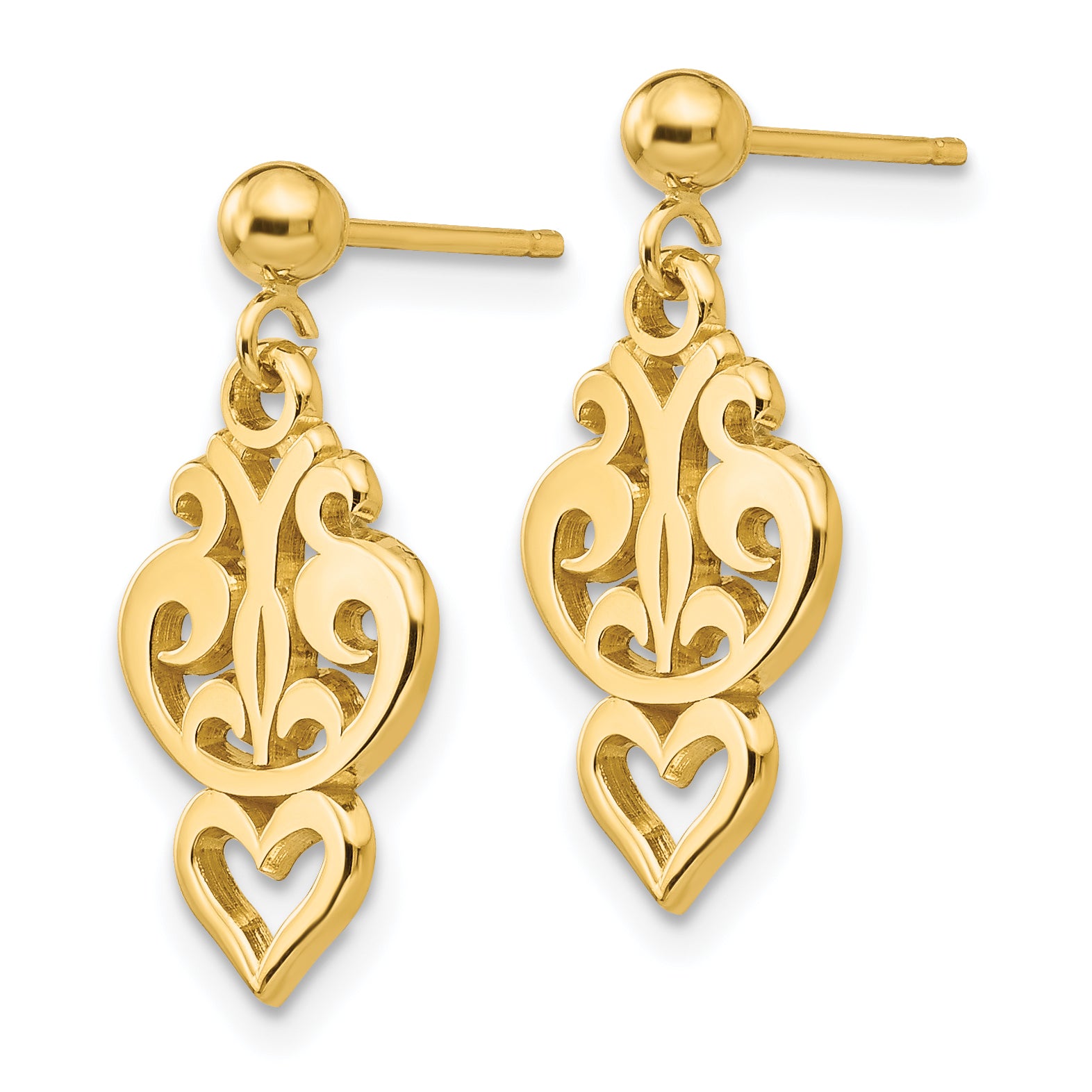 14K Gold Polished Filigree Heart Dangle Earrings for Women Secondary image