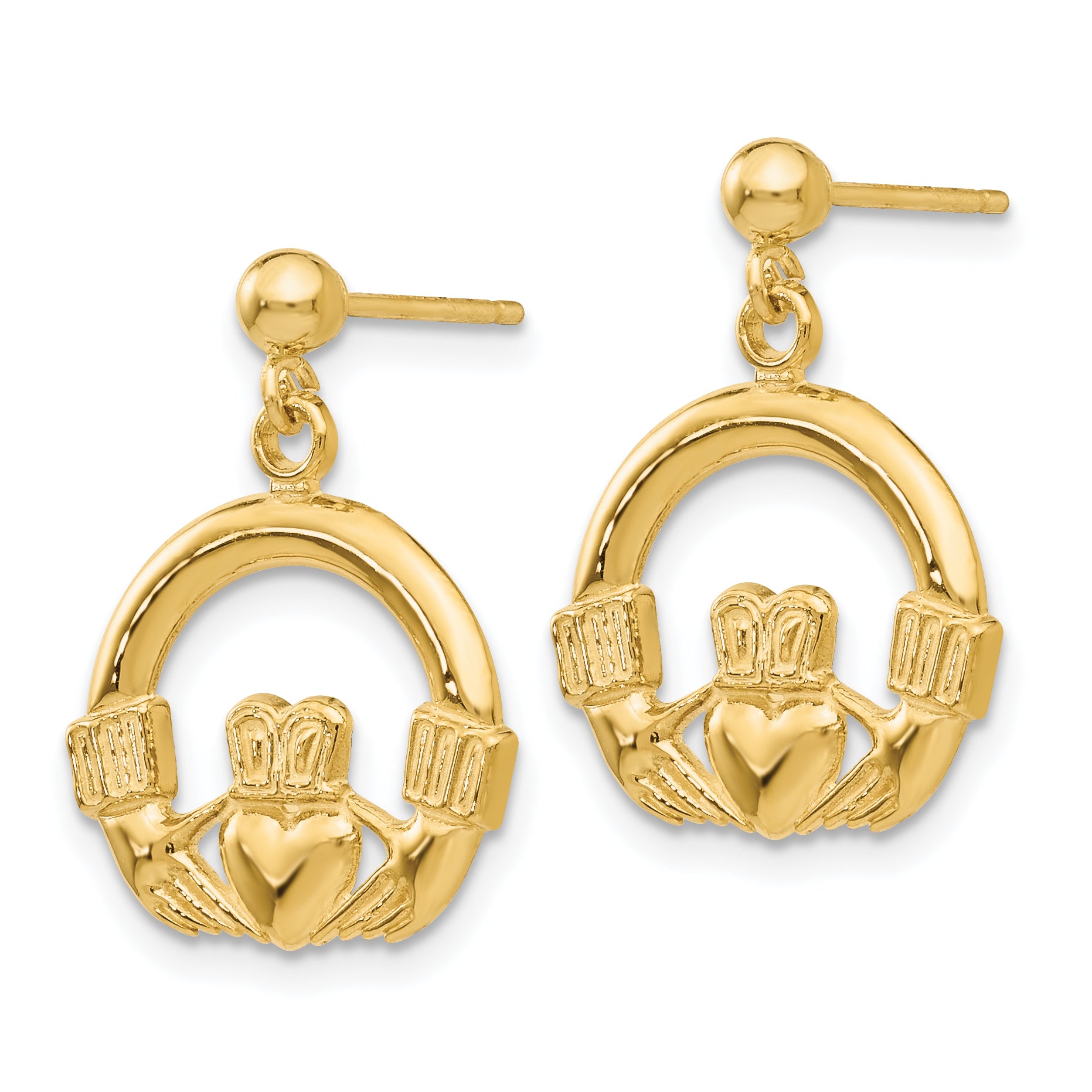 14K Gold Claddagh Dangle Earrings with Polished Elegant Design Secondary image