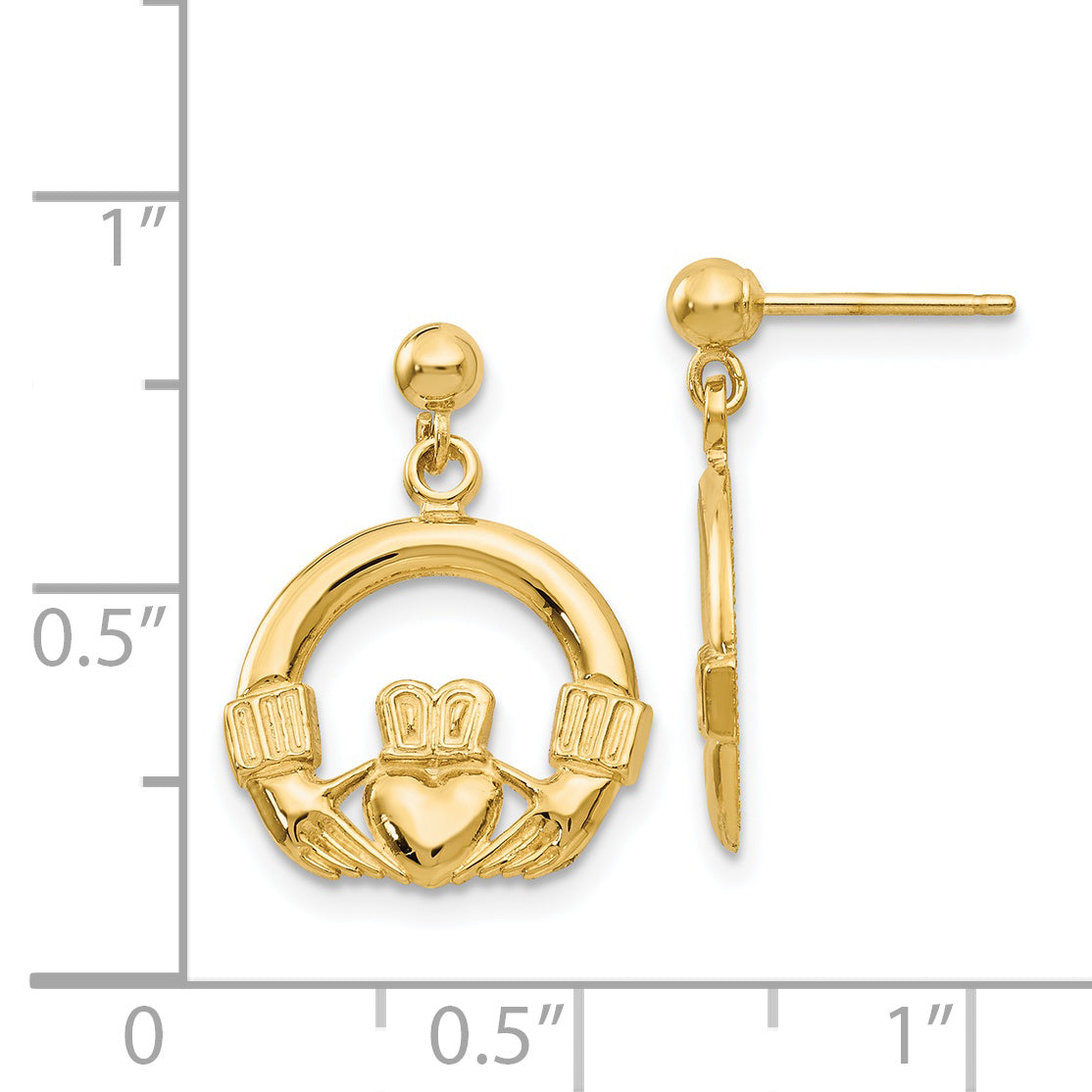 14K Gold Claddagh Dangle Earrings with Polished Elegant Design