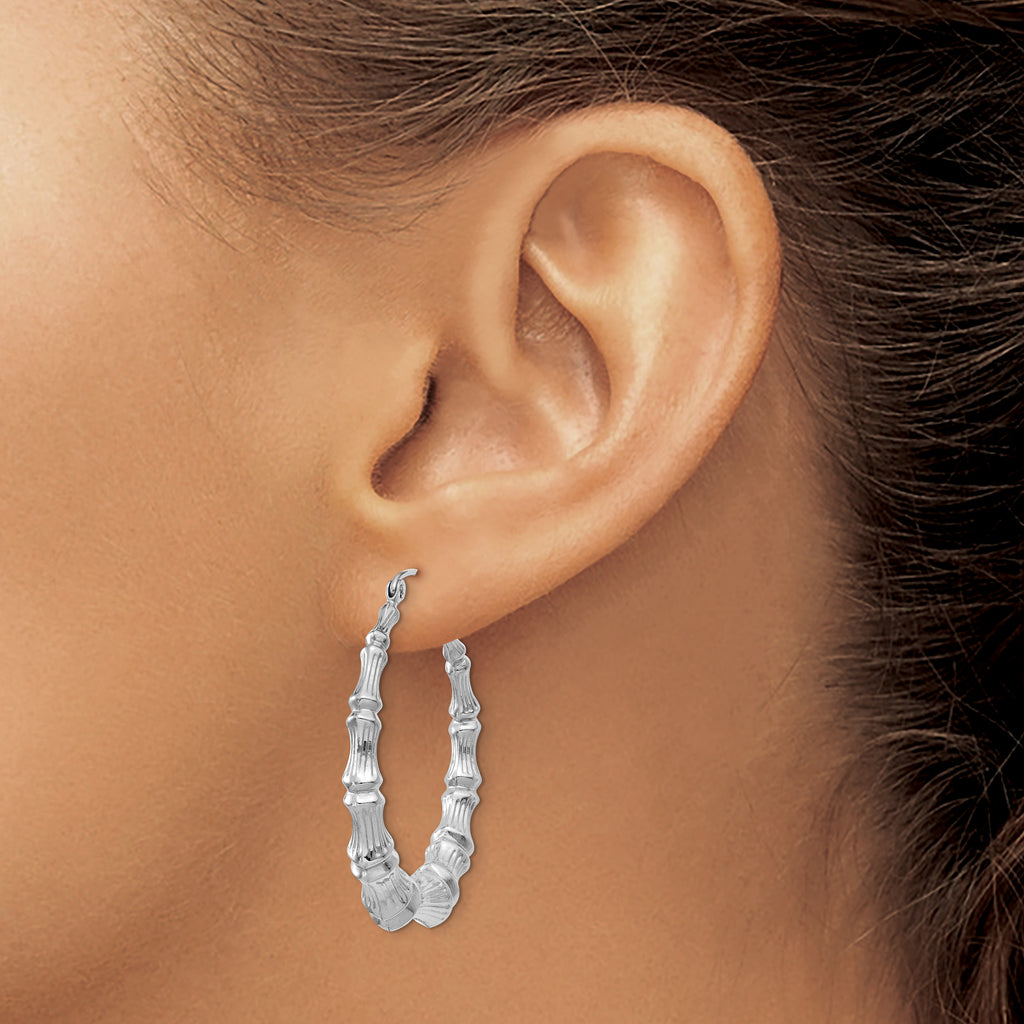14K White Gold Polished Bamboo Hoop Earrings for Women