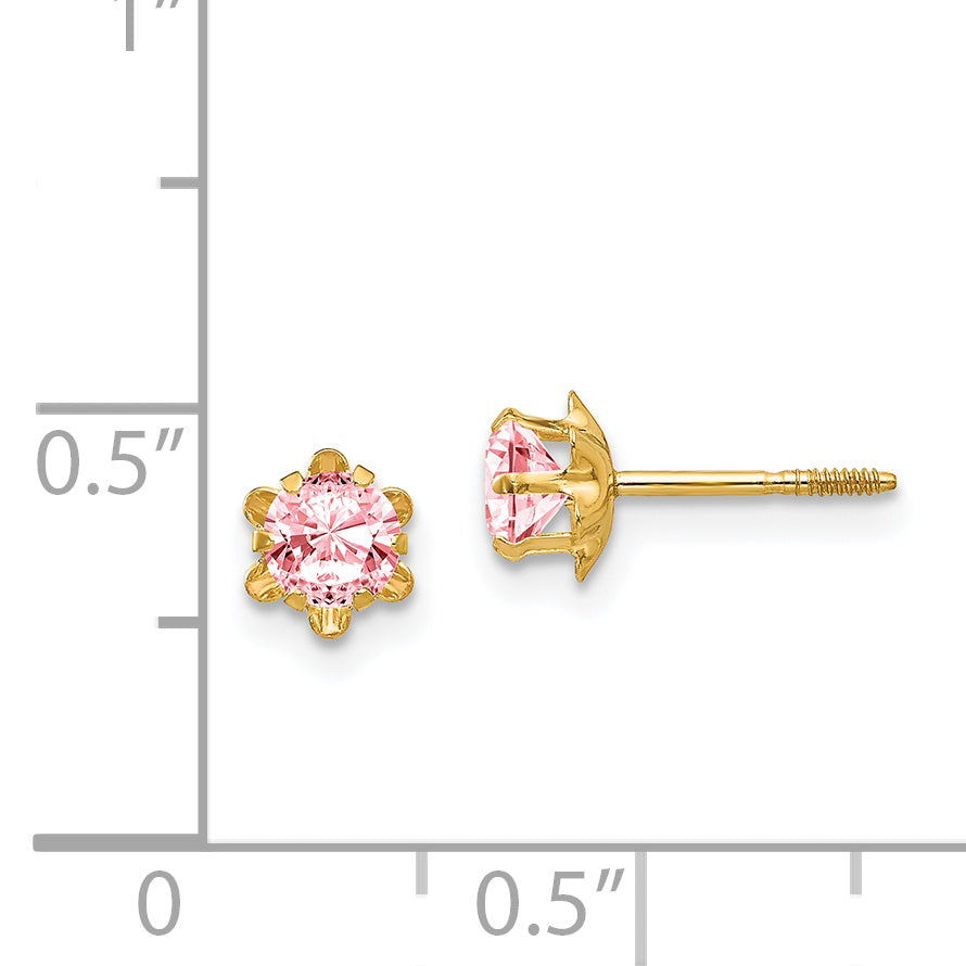 14K Gold October Birthstone Earrings with Pink CZ and Screwback