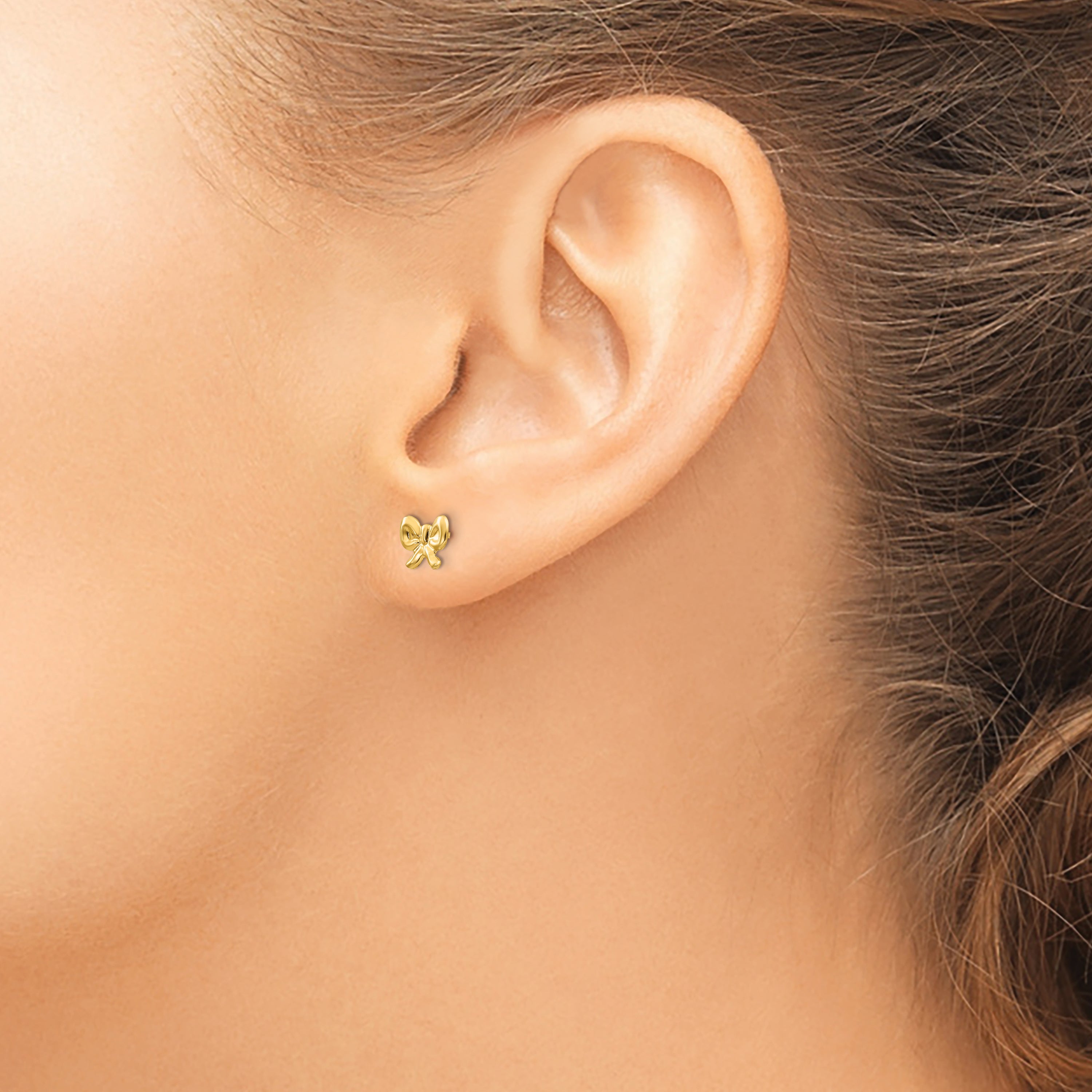 14K Gold Polished Bow Button Earrings with Nickel-Free Silicone Back