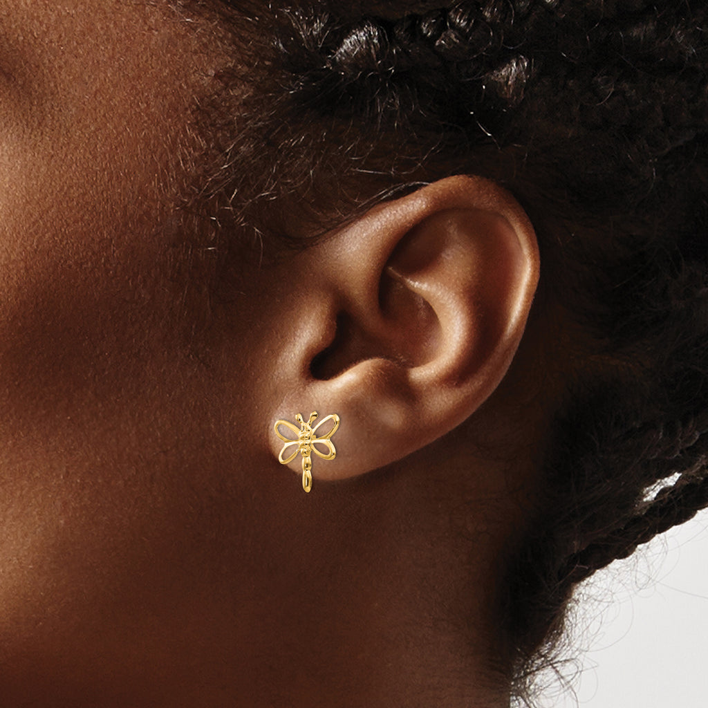 14K Gold Polished Dragonfly Earrings with Nickel-Free Post