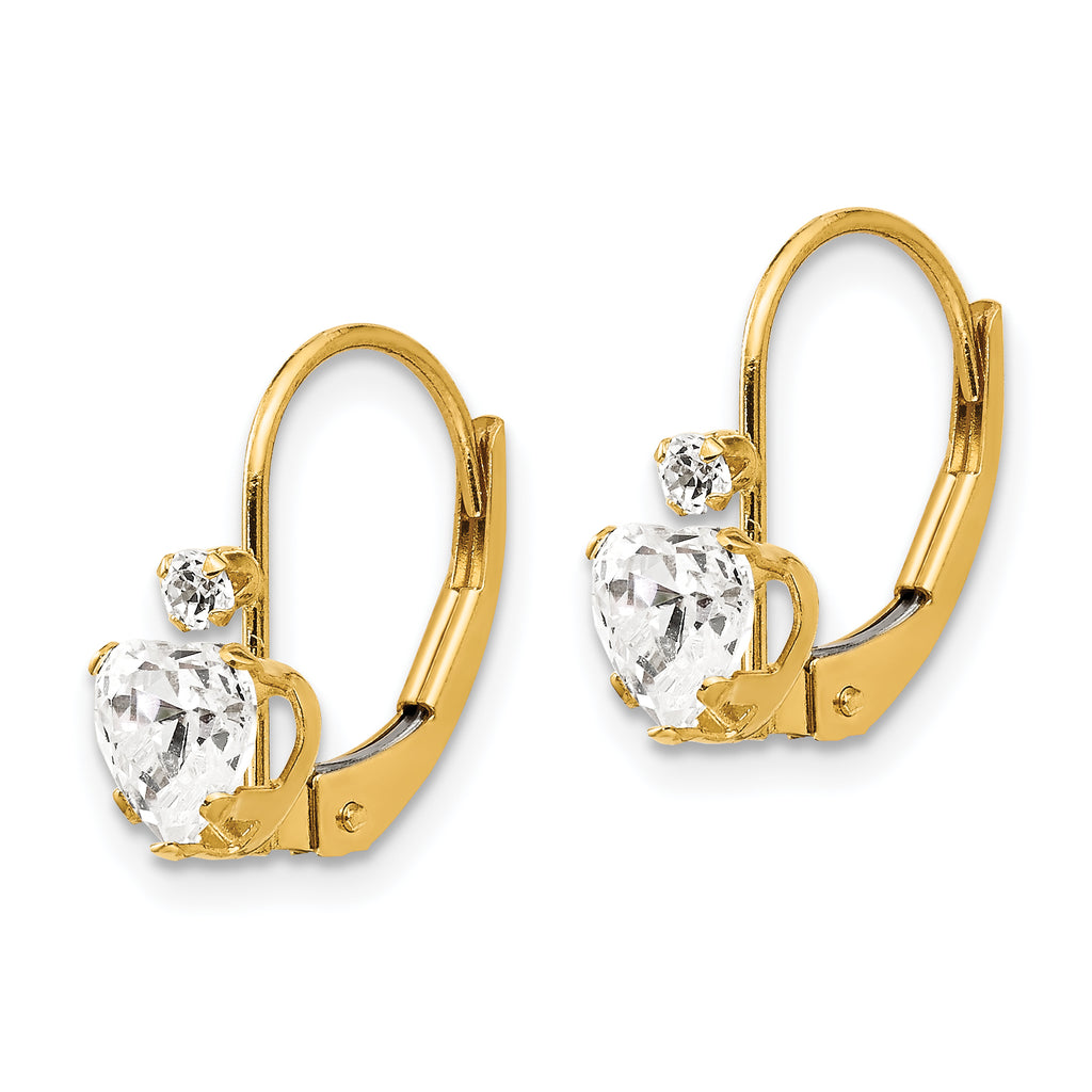 14K Gold CZ Heart Leverback Earrings with Polished Finish