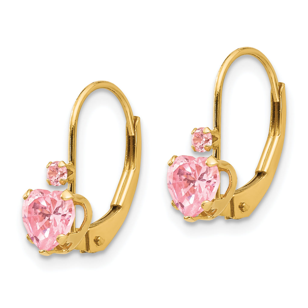 14K Gold Heart Pink CZ Leverback Earrings for Women