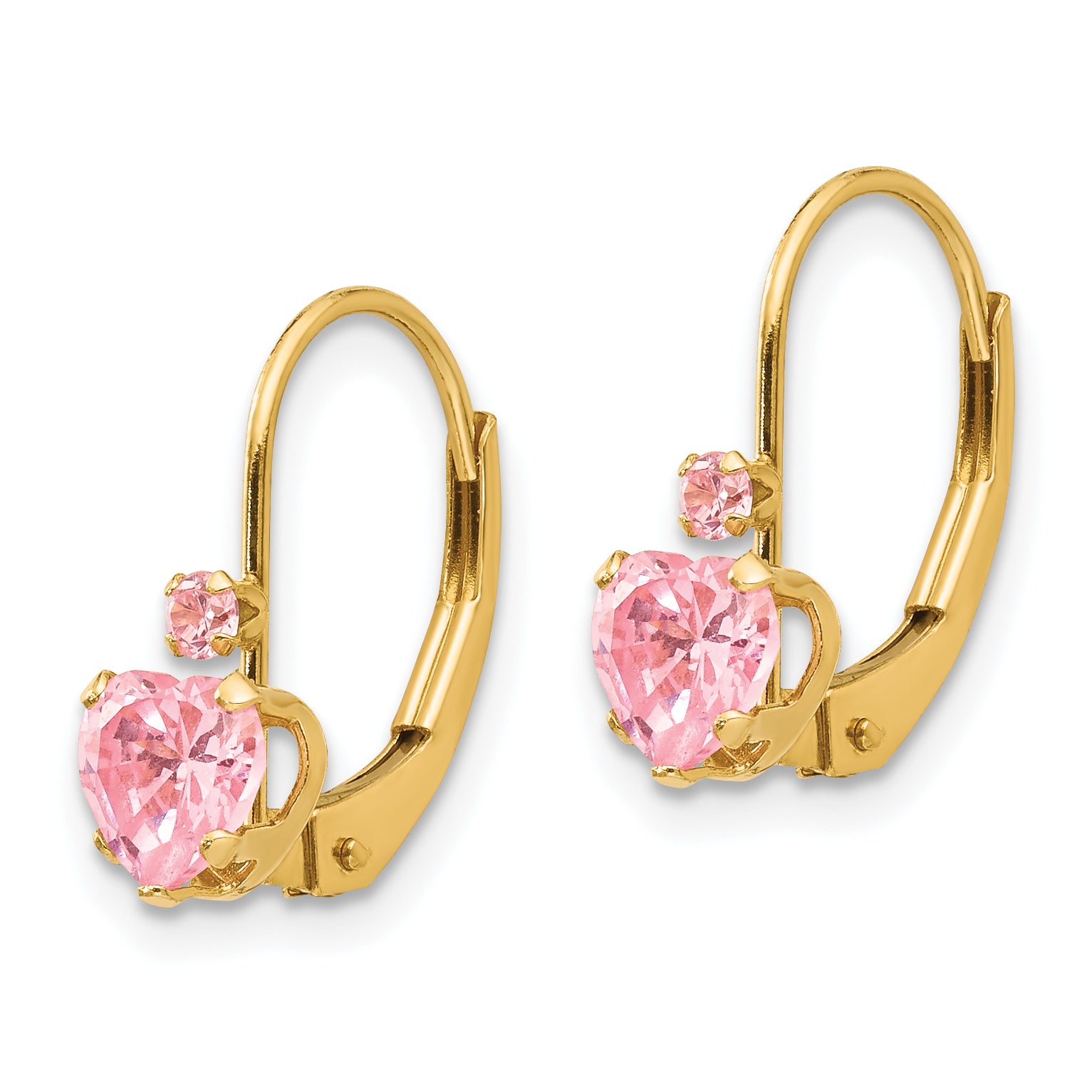 14K Gold Heart Pink CZ Leverback Earrings for Women