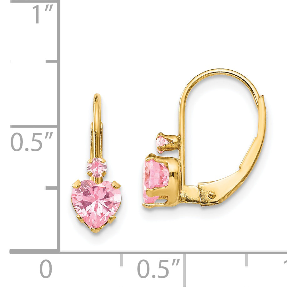 14K Gold Heart Pink CZ Leverback Earrings for Women