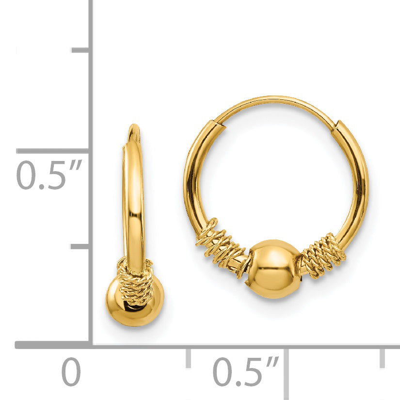 14K Gold Endless Hoop Earrings with Polished Bead Elegant Women's Jewelry