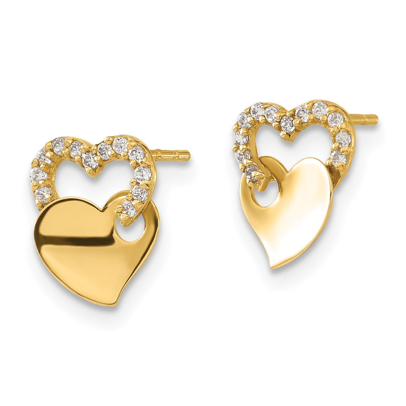 14K Gold Children's Polished CZ Double Heart Earrings Gift Ready Secondary image