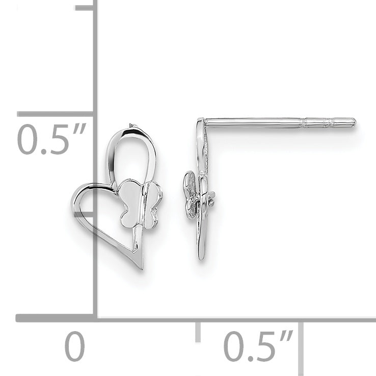 14K White Gold Heart Butterfly Earrings with Polished Rhodium Finish