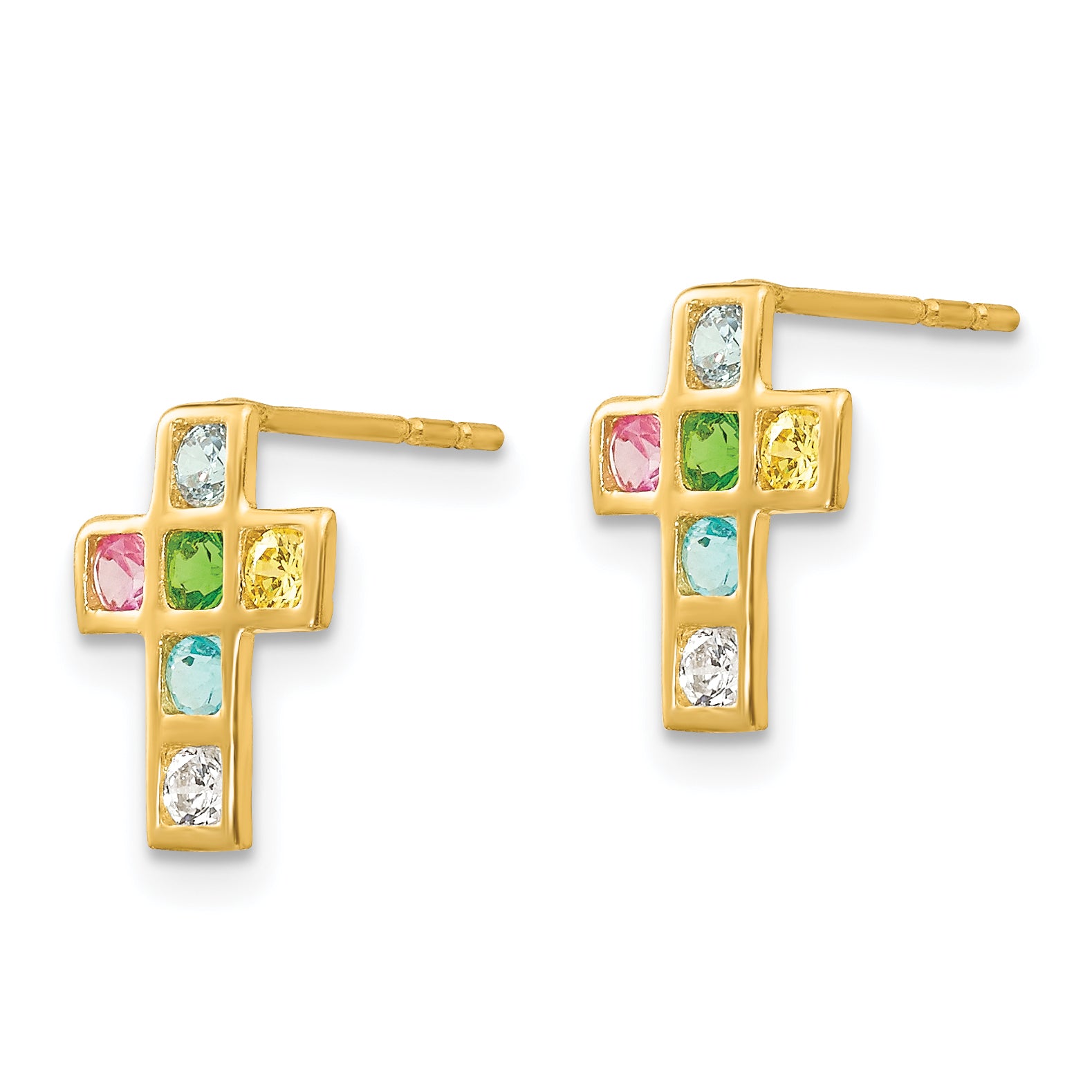 14K Gold Multi-Colored CZ Cross Earrings with Polished Finish Secondary image