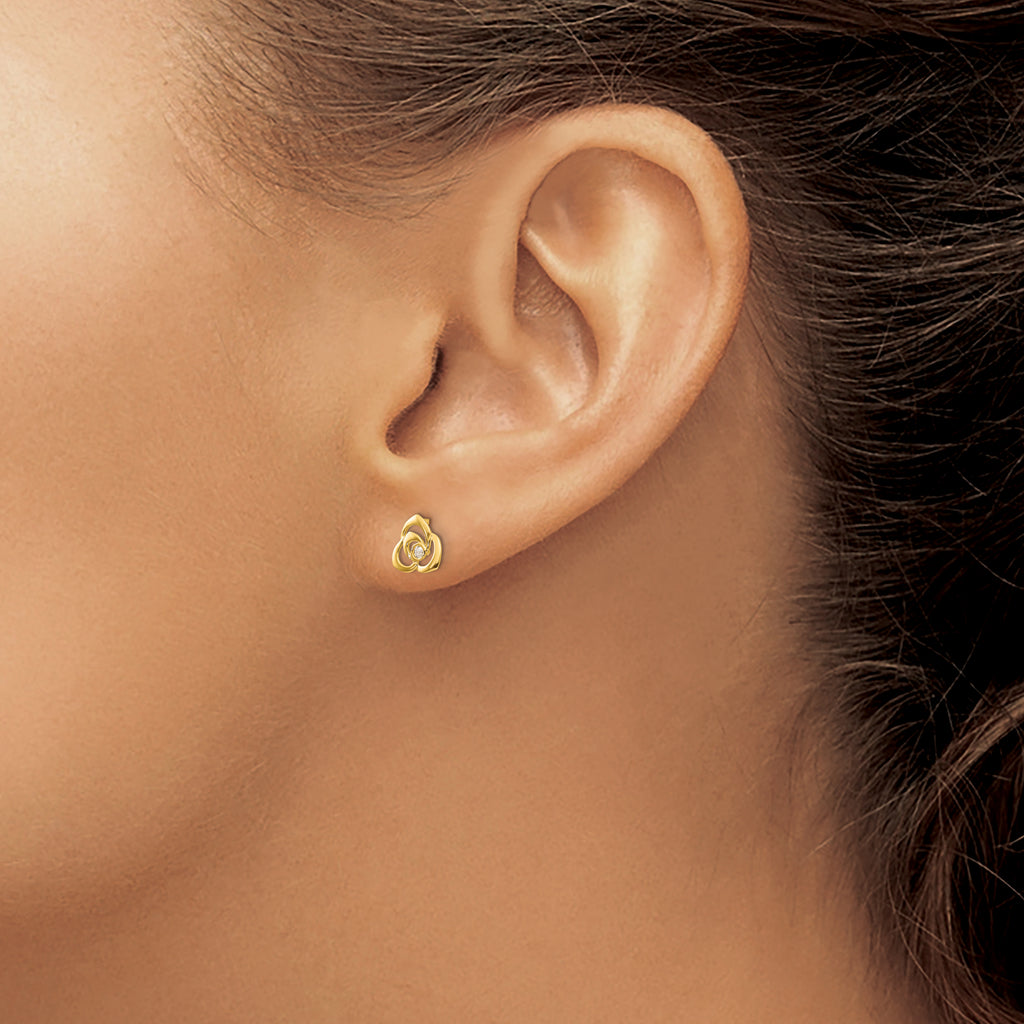 14K Gold CZ Flower Earrings with Polished Finish, Nickel Free