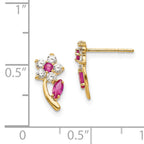 14K Gold CZ Flower Earrings with Clear & Red Stones, Polished Finish