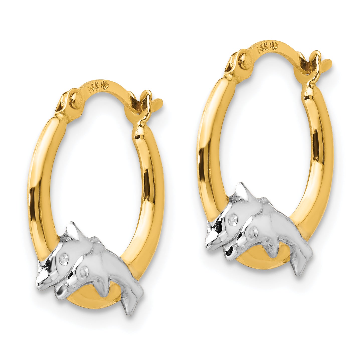 14K Gold Dolphin Hoop Earrings with Rhodium Accent Polished Finish Secondary image