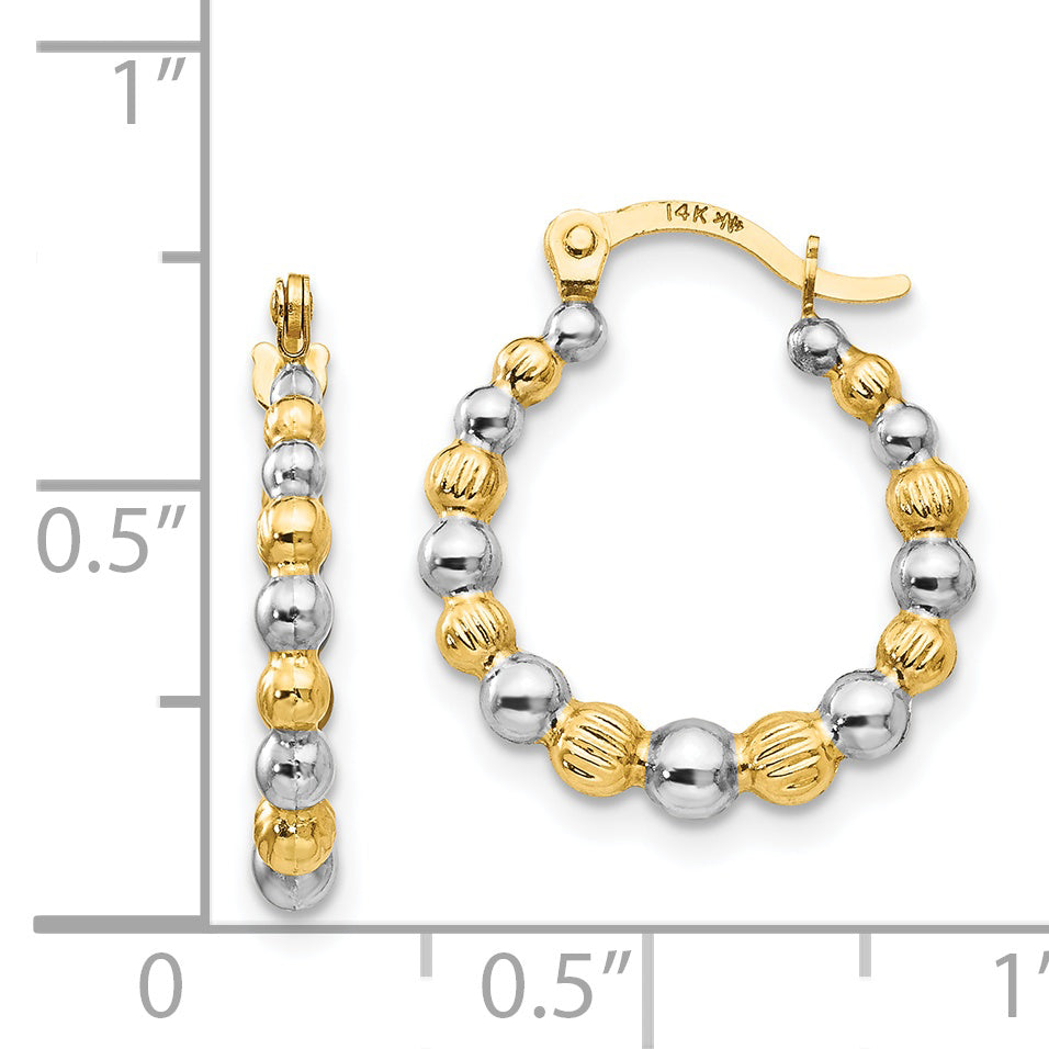 14K Gold Beaded Hoop Earrings with Rhodium Polished Finish