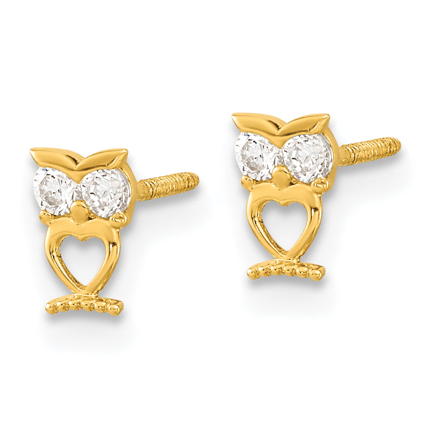 14K Gold Owl CZ Eyes Earrings for Children by Sophia Jewelers Secondary image