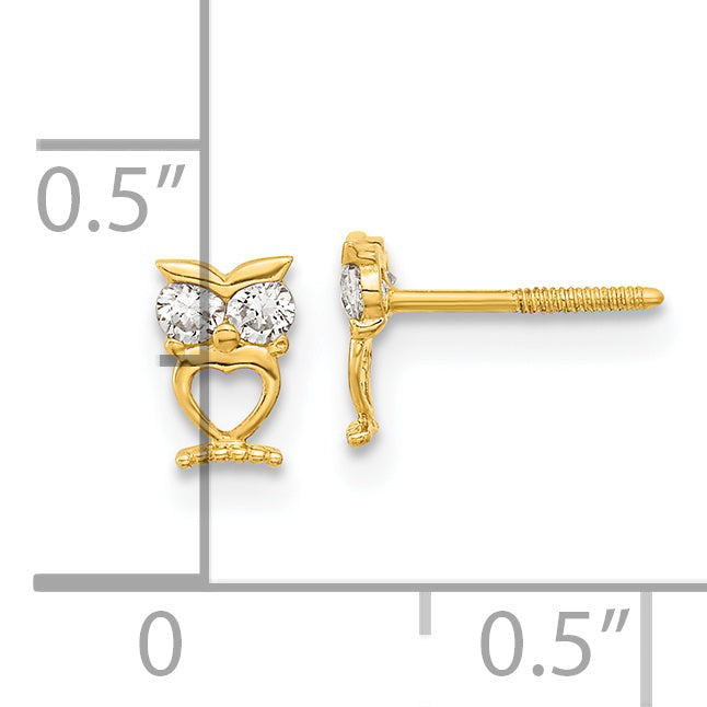 14K Gold Owl CZ Eyes Earrings for Children by Sophia Jewelers