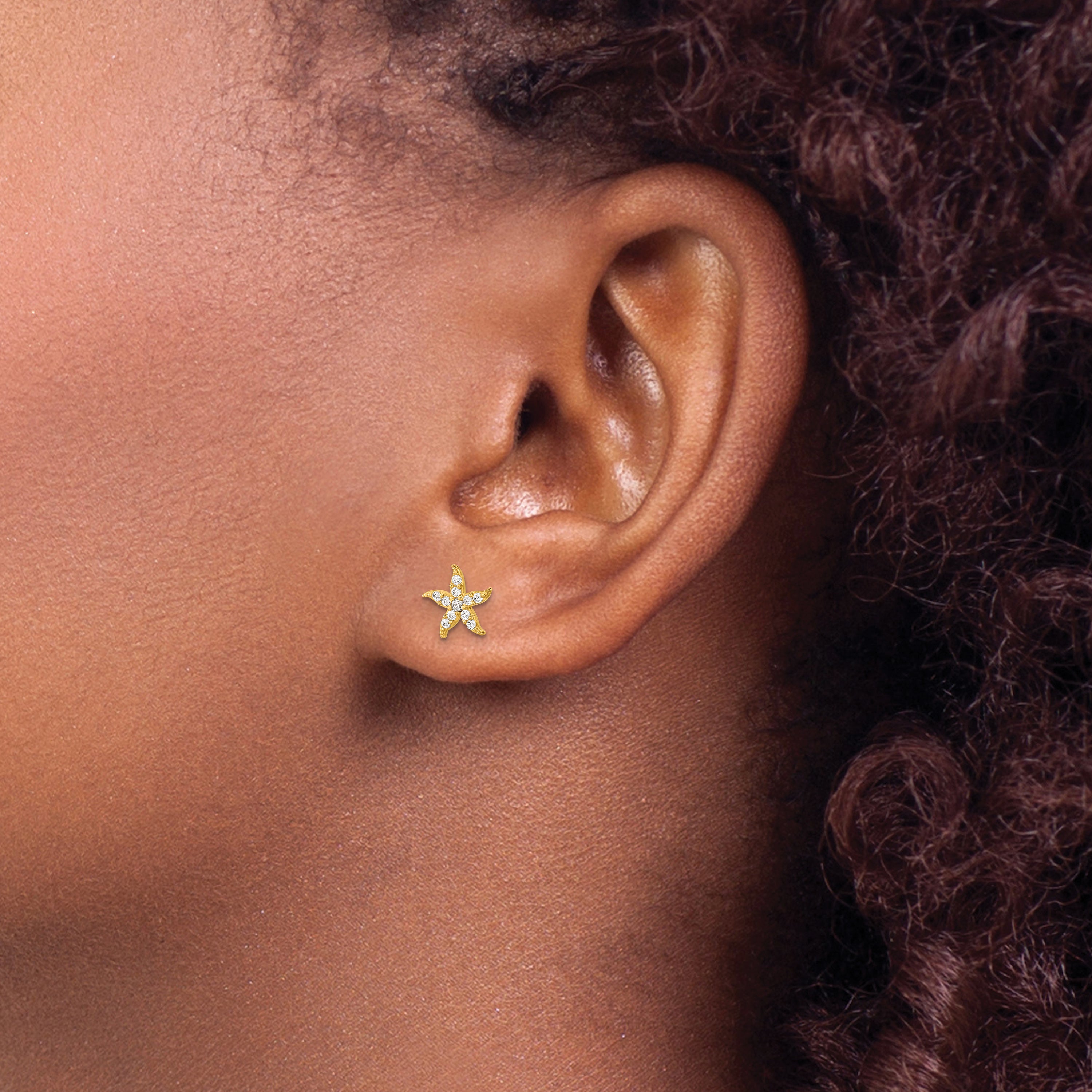 14K Gold Children's CZ Starfish Earrings with Nickel-Free Design