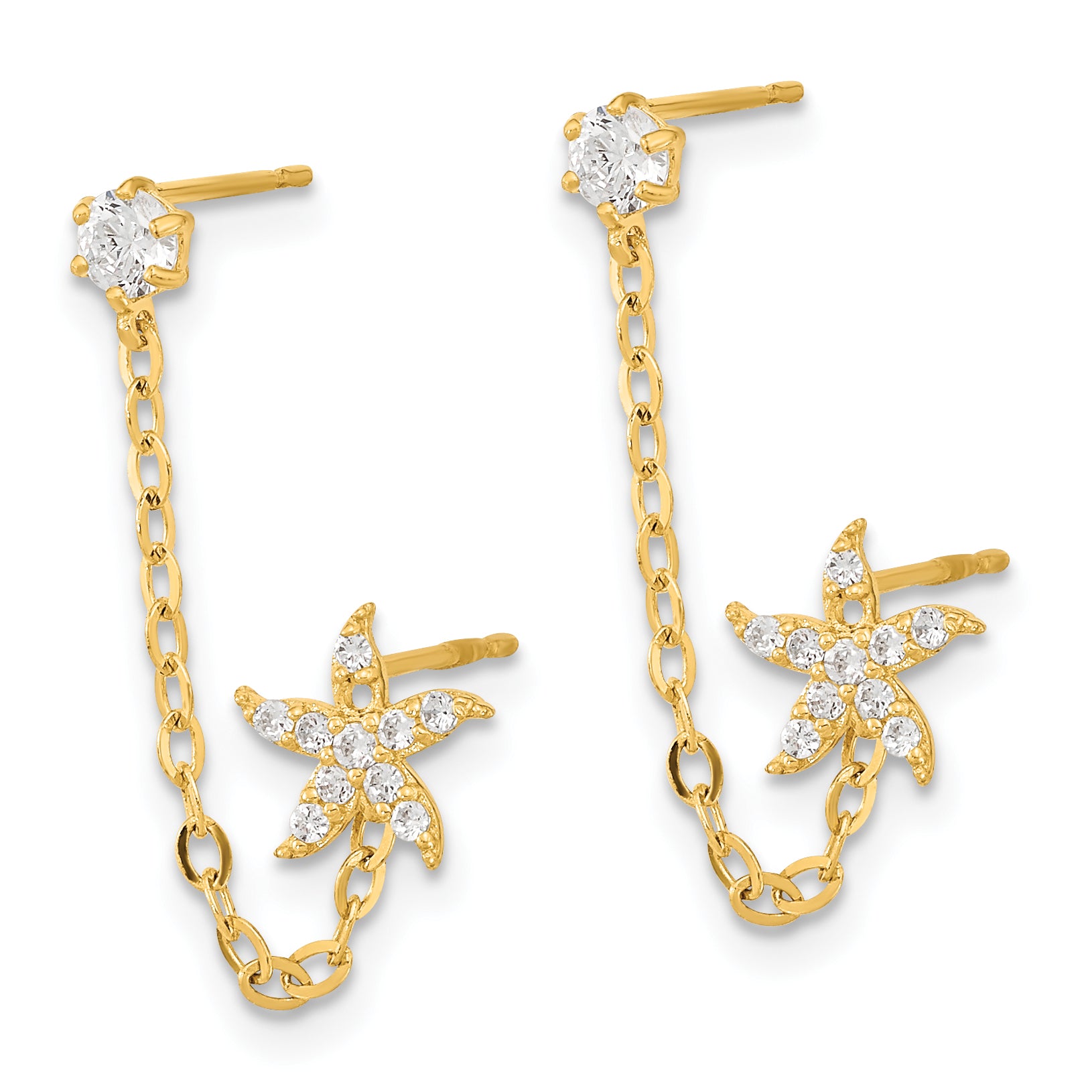 14K Gold Starfish Drop Earrings with CZ Chain for Children Secondary image