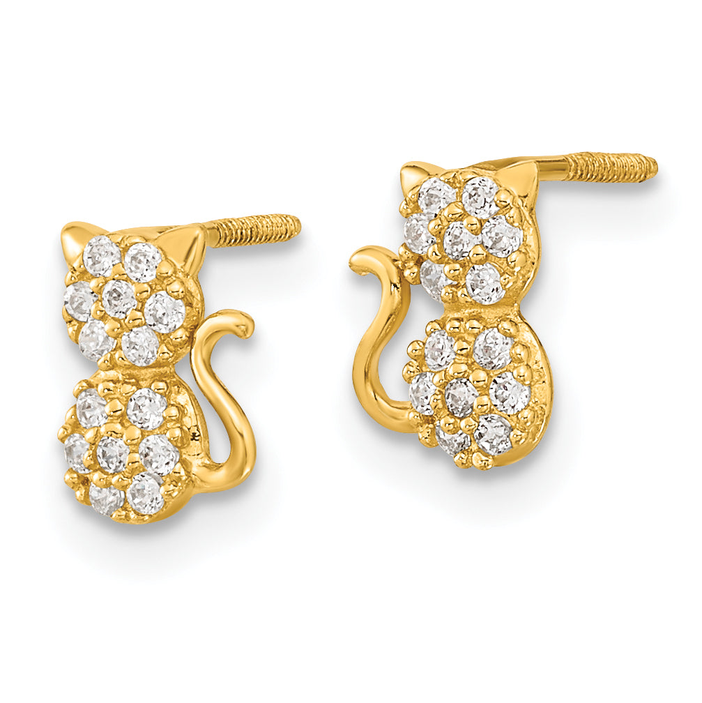 14K Gold Polished CZ Cat Earrings with Screwback  Elegant Women's Jewelry