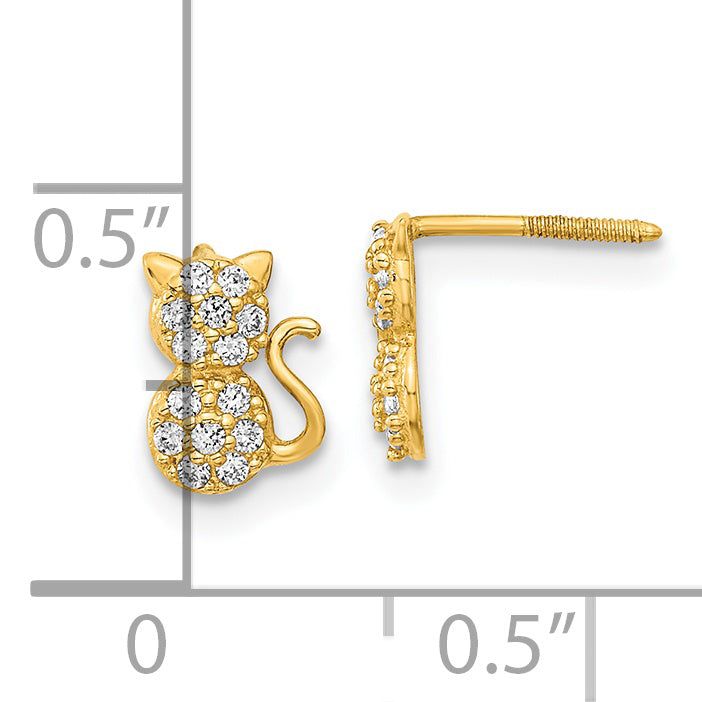 14K Gold Polished CZ Cat Earrings with Screwback  Elegant Women's Jewelry