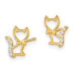 14K Gold Children's Kitten Earrings with CZ Tail and Polished Finish