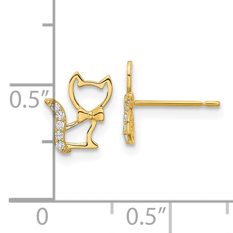14K Gold Children's Kitten Earrings with CZ Tail and Polished Finish