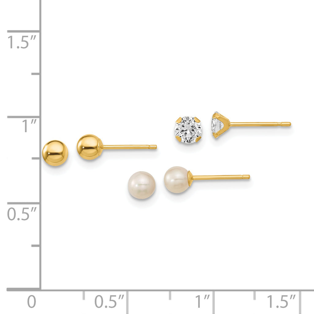14K Gold Child's Earring Set with CZ & Freshwater Pearls Elegant Trio
