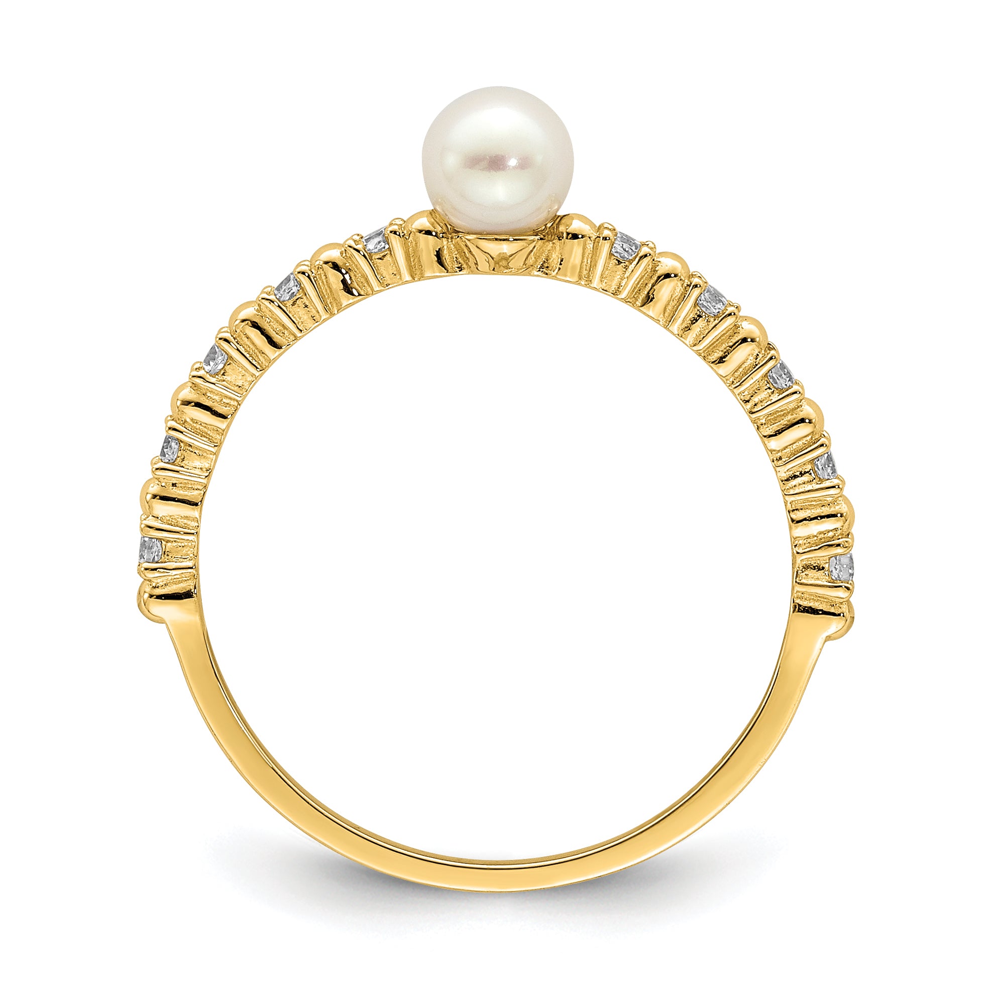 14K Madi K 3-4mm White Button Freshwater Cultured Pearl CZ Ring - 4