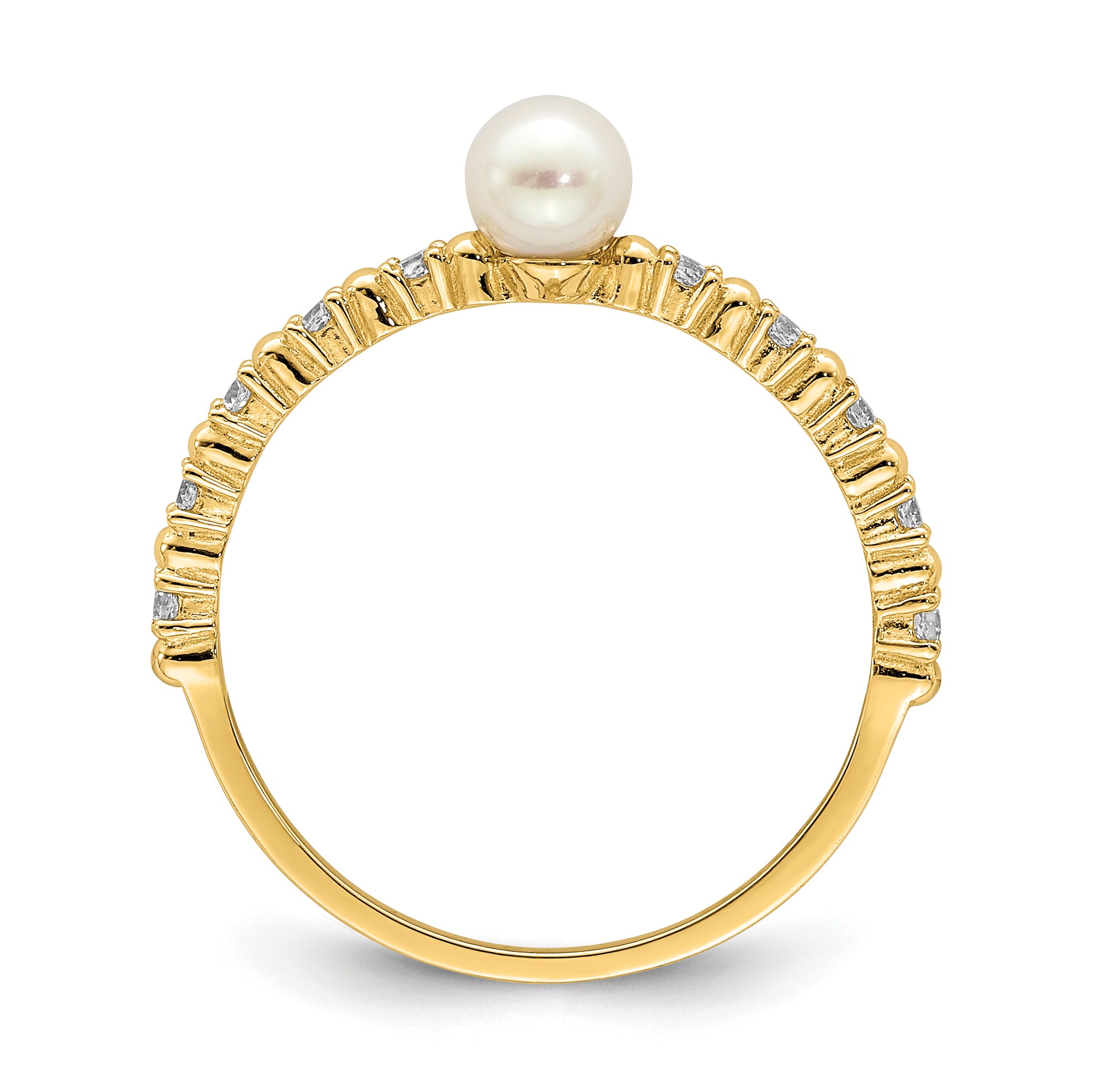 14K Madi K 3-4mm White Button Freshwater Cultured Pearl CZ Ring