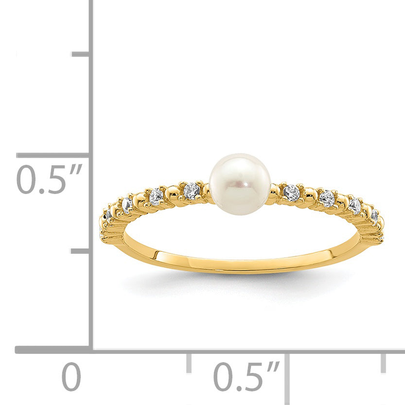 14K Madi K 3-4mm White Button Freshwater Cultured Pearl CZ Ring