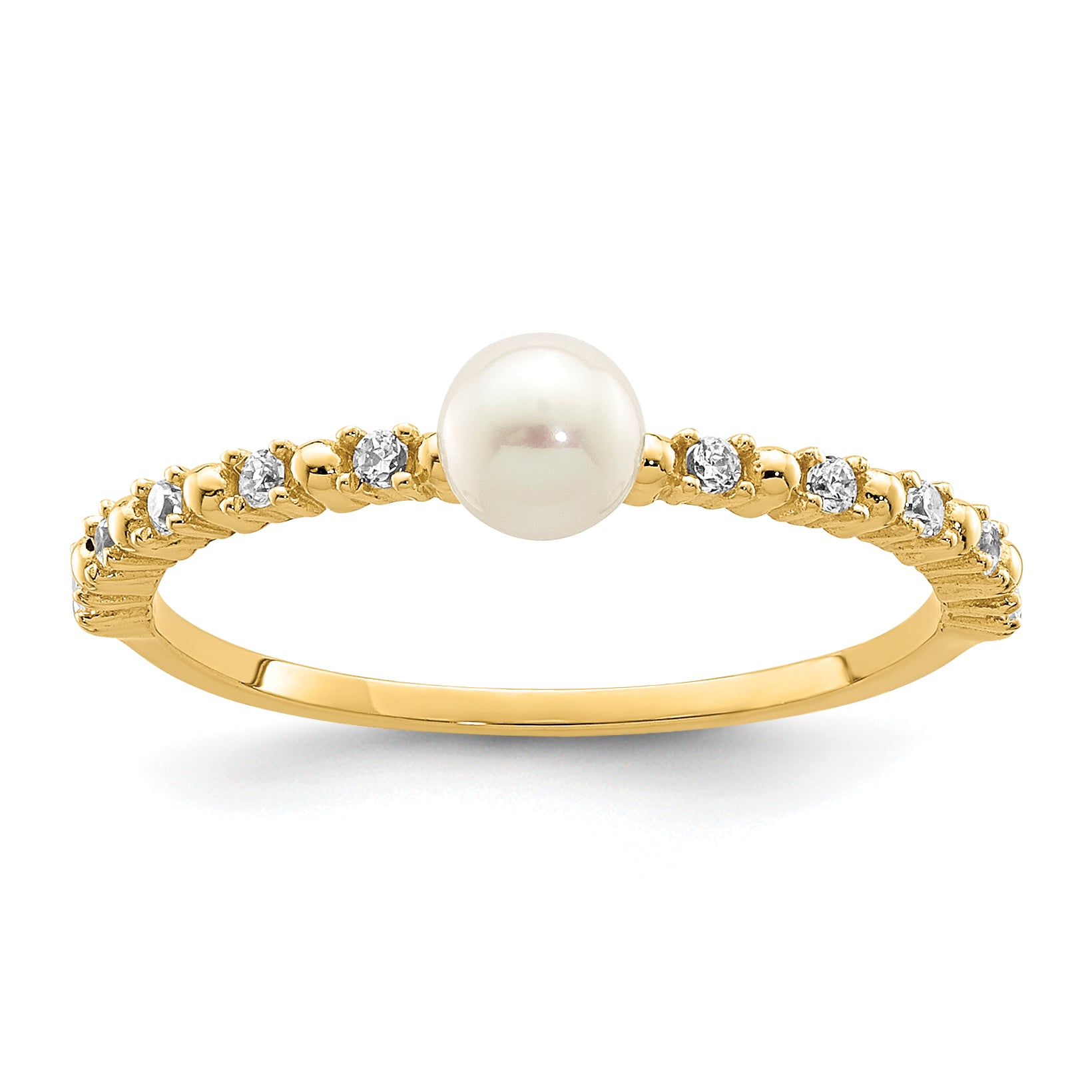 14K Madi K 3-4mm White Button Freshwater Cultured Pearl CZ Ring