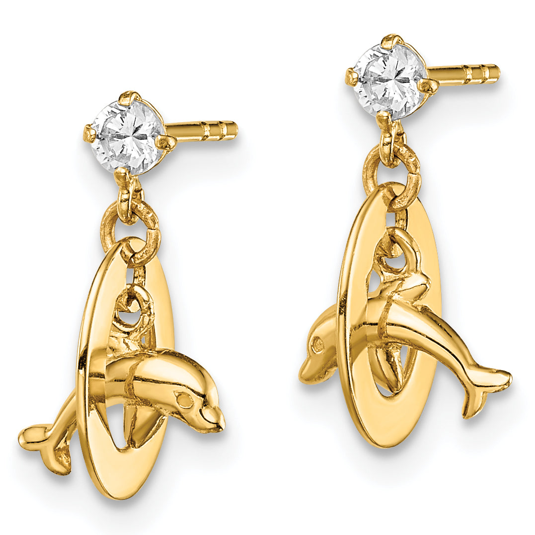 14k Madi K CZ Oval with Dolphin Dangle Post Earrings