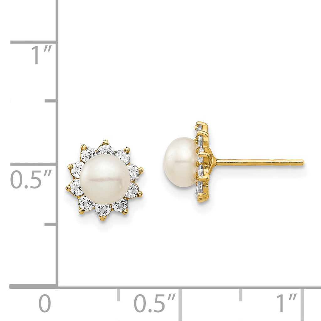 14k Madi K 5-6mm White Button Freshwater Cultured Pearl CZ Post Earrings