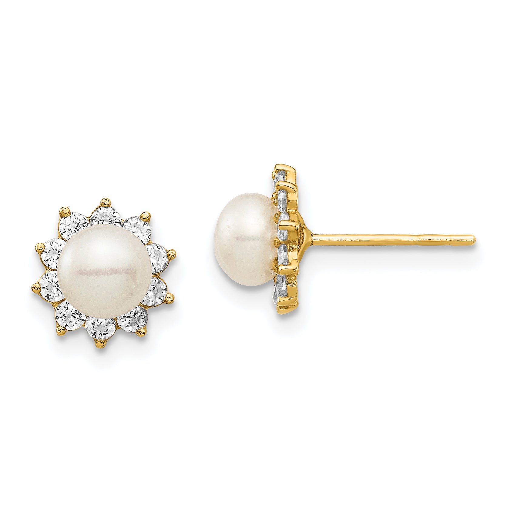 14k Madi K 5-6mm White Button Freshwater Cultured Pearl CZ Post Earrings Main image