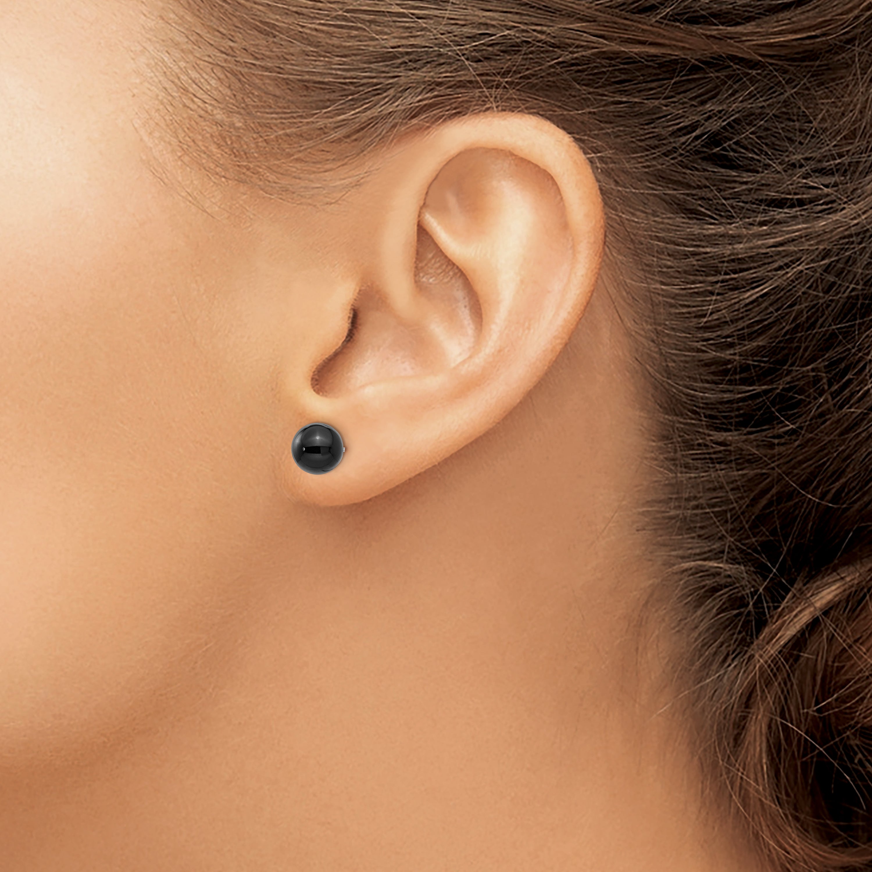 14K White Gold Onyx Ball Earrings with Polished Rhodium Finish