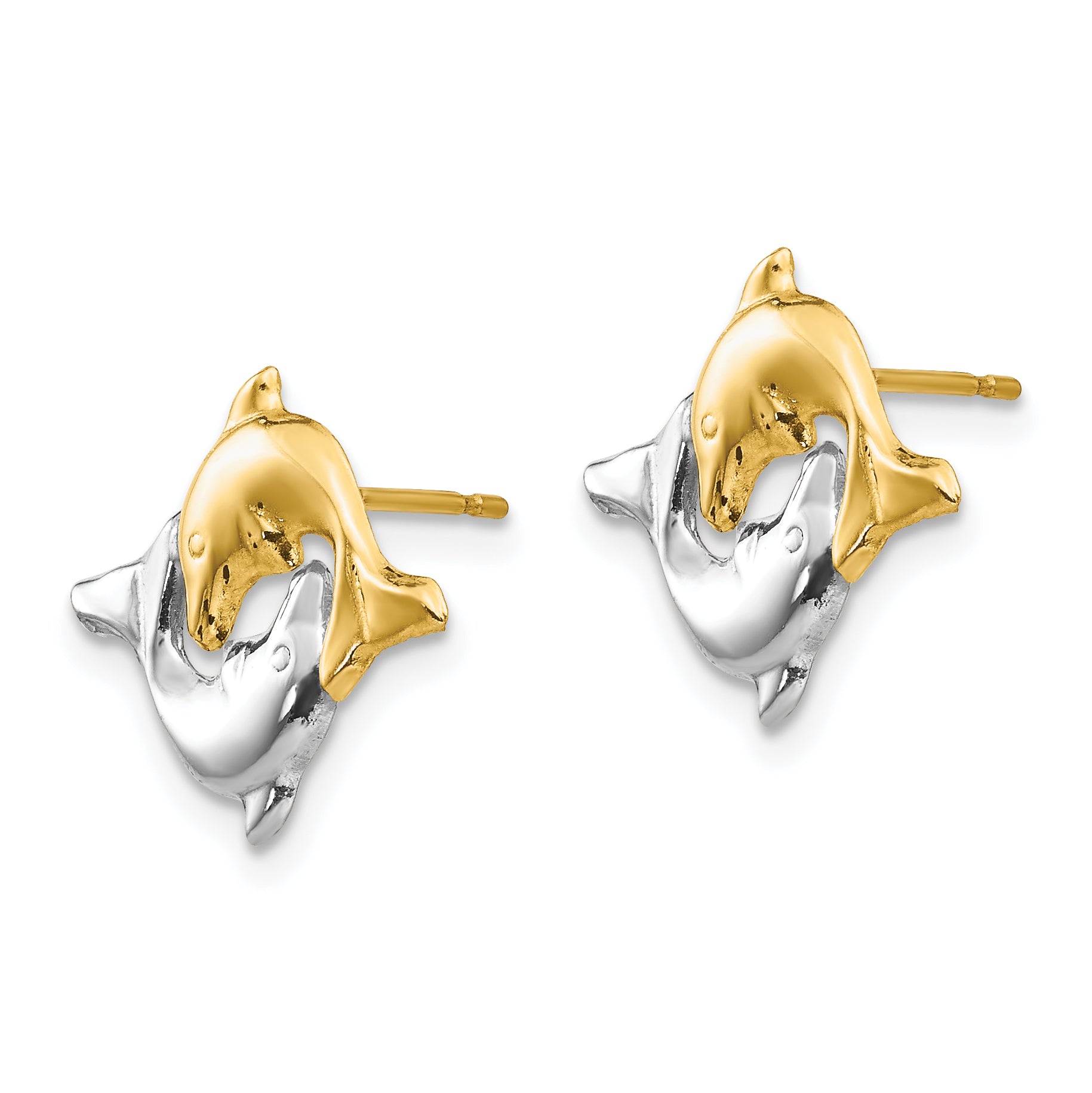 14K Gold Polished Dolphin Earrings with Rhodium Accent for Women Secondary image